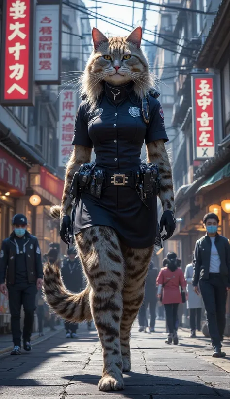 A large humanoid female cat as a Japanese police officer is patrolling the shopping area, occasionally smiling at citizens.