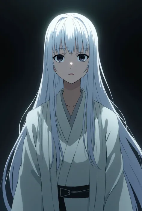 adult woman with long white hair ,  black eyes, intimidating, evil,  dressed in a white priestess kimono, Face covered from above with a white robe,  dark background,  without accessories .  perspective from below . anime