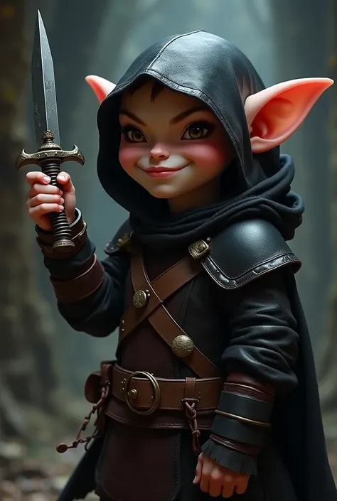 A halfling rogue in dark leather armor, balancing a dagger on one fingertip while smirking.