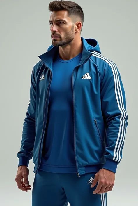 CREATE A HUMANIZED IMAGE AS IF IT WERE REAL OF A MAN DRESSED IN DRY FIT BLUES AND A WINDBREAKER FROM THE BRAND ADIDAS OR NIKE THE SHIRT SHOULD NOT HAVE DETAILS ONLY THE SYMBOL OF THE BRAND,