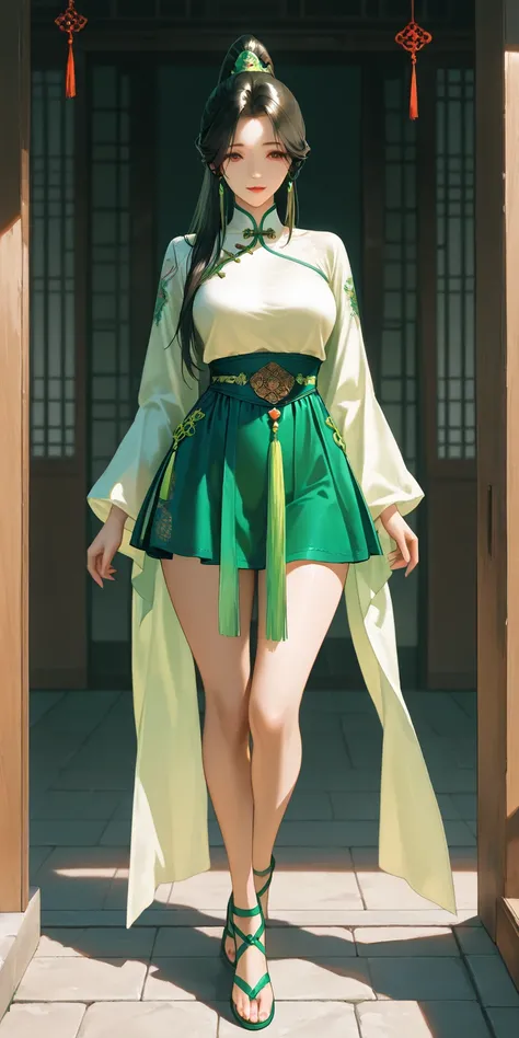 Masterpiece, newest, high contrast, very aesthetic, vibrant, mature female, gu xun er, straight hair, high ponytail long hair, green chinese traditional dress, green mini skirt, green gladiator strappy sandals, medium breast, full body, ultra detailed, hig...