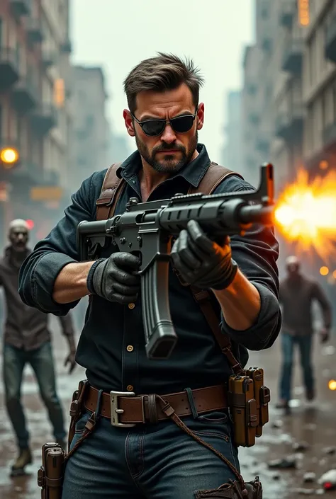 Handsome man dressed in a black flannel with an eye patch and with gloves and a gunslinger carrying a machine gun and well equipped shooting at zombies on a destroyed street