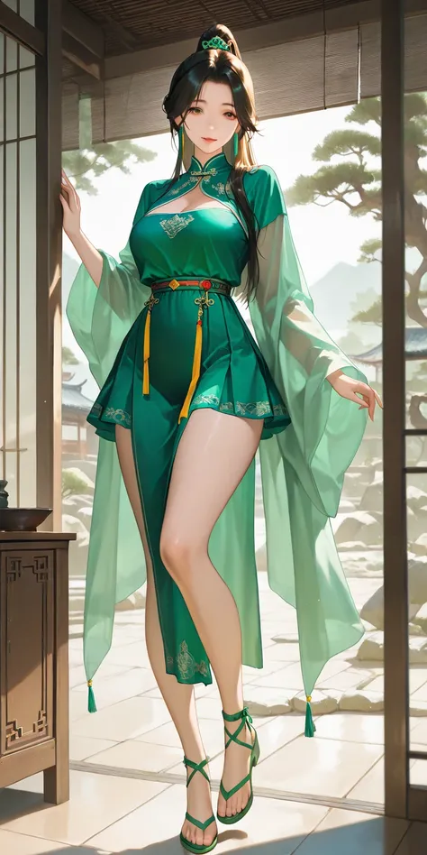 Masterpiece, newest, high contrast, very aesthetic, vibrant, mature female, gu xun er, straight hair, high ponytail long hair, green chinese traditional dress, green mini skirt, green gladiator strappy sandals, medium breast, full body, ultra detailed, hig...