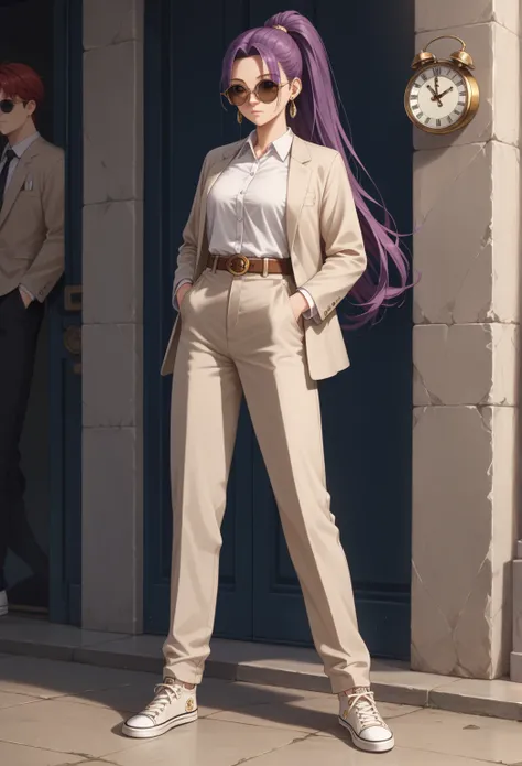 Animated girl,  Full body image ,  purple hair,  semi-long hair earrings, high ponytail,  brown eyes claros,  Round Neck Blouse ,  white blouse, short blanco, brown belt, sunglasses, white clock, light brown blazer ,  Converse white sneakers , small gold e...