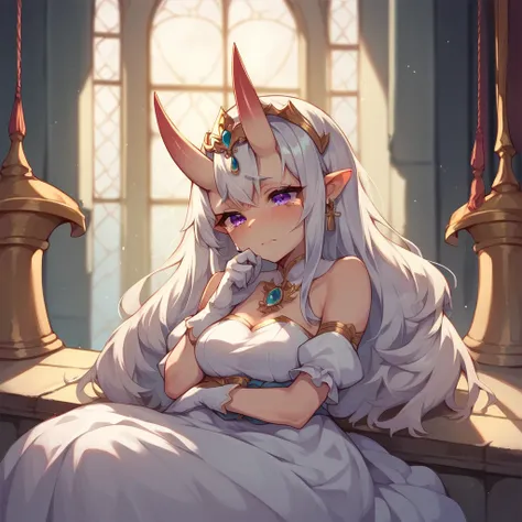 a female oni with purple eyes. she is sitting on a bench inside a castle, she is crying and sad. she also is wearing white gloves. she is wearing a white royalty dress.