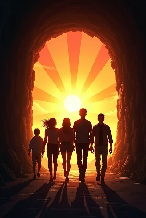  generate the image with the Description

from Illustration :





cena:  Ethan

and the others leaving the tunnel ,  with the sun rising in the background ,

symbolizing a new beginning.  Sunlight illuminates their faces ,

 showing expressions of hope .
...