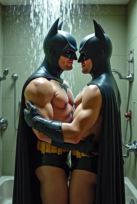  Create the realistic image in human form of the character Batman and Robin from the 1966 TV series .  Batman and Robin taking a bath together sharing the same shower without uniforms .  Robin at 21 and Batman at 40 .  They wearing only their masks and cov...