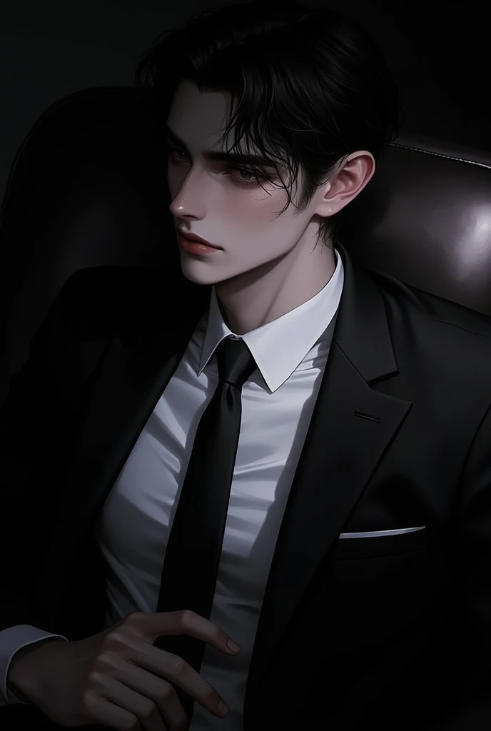   28-year-old Italian man with short black hair,  has a very pretty face ,  sharp features , black sharp eyes ,  Sitting on the sofa in a dark room ,  in a suit.  high quality,   beautiful ,  sexy,  manhwa man , flat colors, flat lines , { upper body },  t...