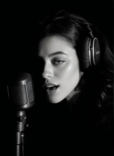 arafed woman with headphones on singing into a microphone, singing into microphone, singing for you, performing, vocalist, with a bewitching voice, singing, detailed portrait shot, sitting in front of a microphone