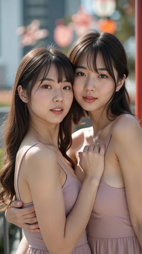 The high resolution photograph of two young Japanese women, photo-realistic, masterpiece, best quality, intricate details, extremely detailed, sharp focus, professional lighting, modern fashion, yuri couple, 2 girls standing nearby, 2 girls hold hands, dif...