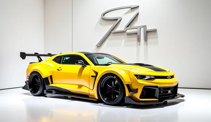 2025 Chevelle Z16 in yellow color fully modified , displayed in showroom ,   White color wall on background, A huge logo on the background wall looks like real