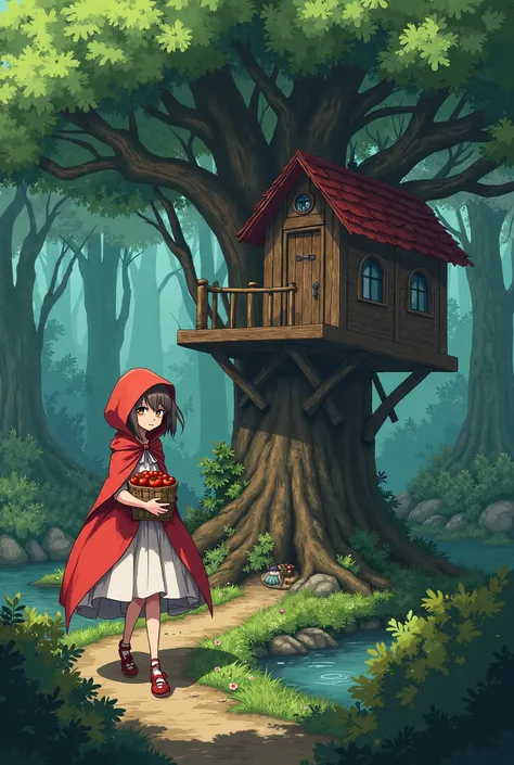 A tree house in the forest, male version of wolf hiding behind the tree house,  version of red riding hood hugging her casket of apple while walking on a small bridge, anime style