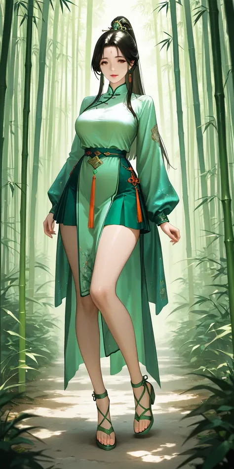 Masterpiece, newest, high contrast, very aesthetic, vibrant, mature female, gu xun er, straight hair, high ponytail long hair, green chinese traditional dress, green mini skirt, green gladiator strappy sandals, medium breast, full body, ultra detailed, hig...