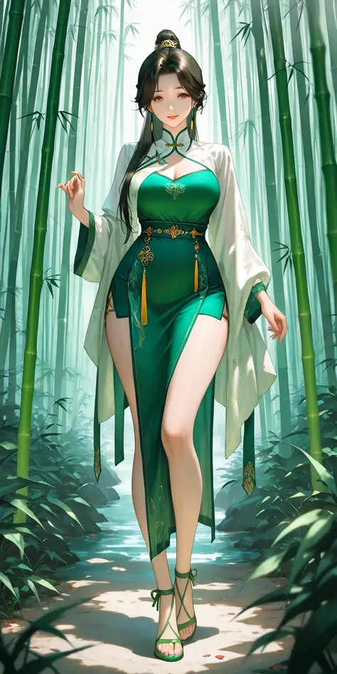 Masterpiece, newest, high contrast, very aesthetic, vibrant, mature female, gu xun er, straight hair, high ponytail long hair, green chinese traditional dress, green mini skirt, green gladiator strappy sandals, medium breast, full body, ultra detailed, hig...