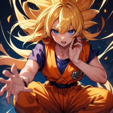 goku,  with her hands up 