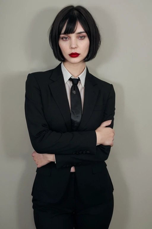 create the image of an adult woman with short black hair with square bangs,  with a white patch in the hair ,  green eyes, wearing a black eye slap,  black makeup and red lipstick, wearing a black suit and tie , hands in pockets, realistic aesthetics , rea...