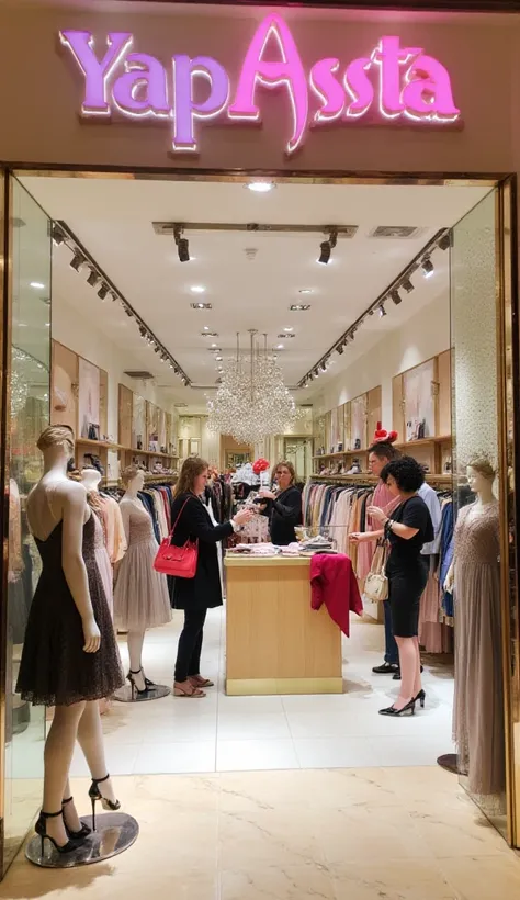 A stylish and modern women’s clothing boutique. The space is bright and spacious, decorated with elegant mirrors and chic wall décor. Luxury chandeliers and spotlights hanging from the ceiling add a sophisticated touch to the boutique. The floor is marble ...