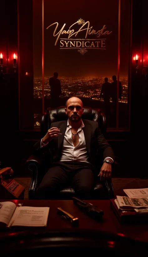 A dimly lit, luxurious office or private lounge setting. Sitting in a leather armchair, a charismatic and authoritative mafia boss wears a sleek suit and a luxury watch. His gaze is sharp, with strong and striking facial features. One hand holds a cigar or...