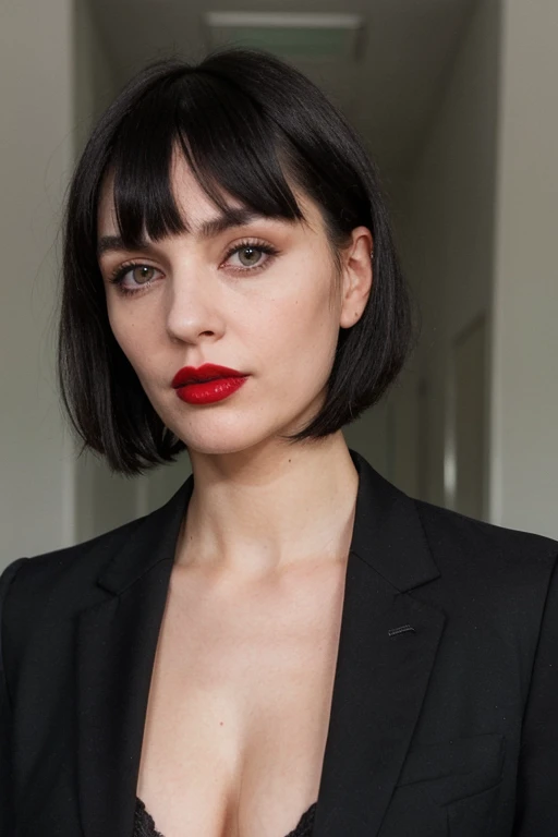 create the image of an adult woman with short black hair with square bangs,  with a white patch in the hair ,  green eyes, wearing a black eye slap,  black makeup and red lipstick, wearing a black suit and tie , hands in pockets, realistic aesthetics ,  fu...