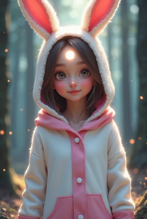 A hyper-realistic painting of a  girl with white and pink eyes, with the white being more dominant. She has a cute smile with dimples, showing her teeth as she smiles warmly. She is wearing cozy bunny-themed pajamas with bunny ears, in soft white and pink ...