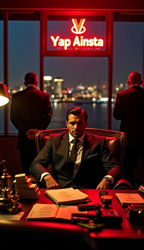 A dimly lit, luxurious office or private lounge setting. Sitting in a leather armchair, a charismatic and authoritative mafia boss wears a sleek suit and a luxury watch. His gaze is sharp, with strong and striking facial features. One hand holds a cigar or...