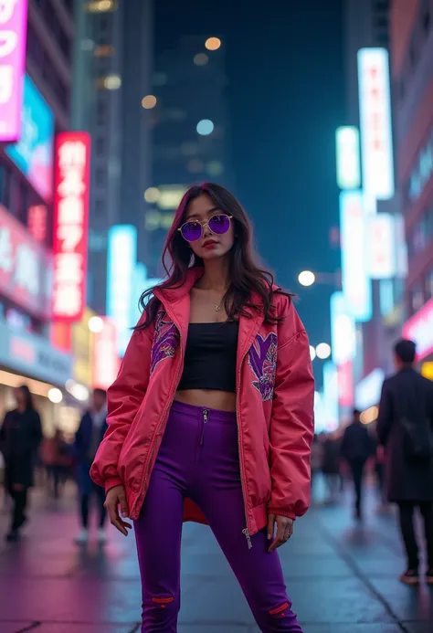 A stylish young Korean woman stands confidently in the middle of a vibrant city street at night, illuminated by the glow of neon signs and bustling urban lights. She wears a striking, brightly colored jacket adorned with intricate designs and bold patterns...