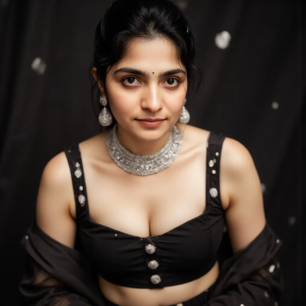 Close-up portrait of a young woman, likely in her late s or early twenties, with a South Asian or Indian ethnicity. She exudes confidence and elegance.  Her dark hair is styled in a neat bun. She wears a black, sheer, embellished crop top with intricate si...