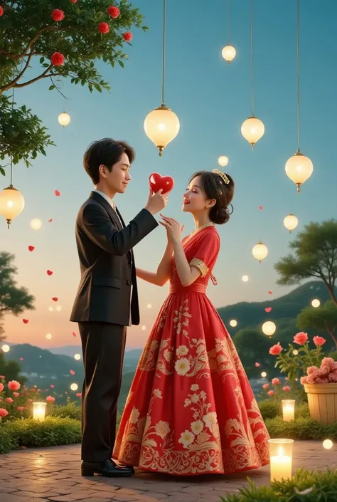     Share a romantic dance    ,  情人Festival&#39;Festival，一对情侣在迷人的garden中心跳浪漫的舞蹈.     The scene is illuminated by floating candles and lanterns    ,    projects a warm     ,  Gently.  garden ,      From the delicate petals of flowers to the verdant leaves  ...