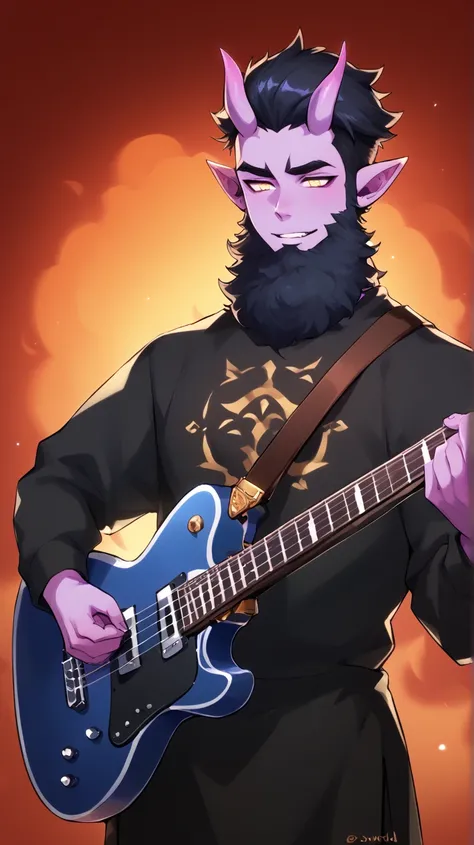 Male Bard rockstar Tiefling with purple skin,cool Tiefling horns with golden streaks, wearing adventuring gear ,character of D&D, black hair, black beard,Ojos azules, Sonrisa, playing_instrument, electric_guitar, perfect eyes, purple skin,medim black hair,