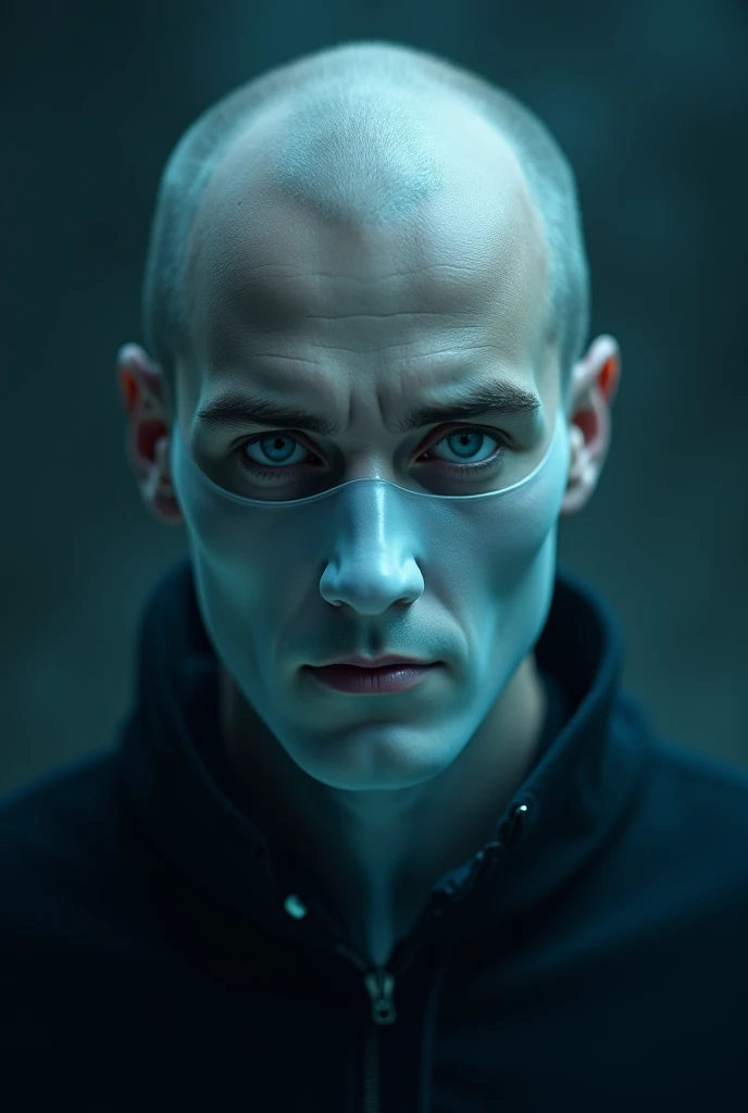 Bald man , With blue eyes wearing a ghost mask 