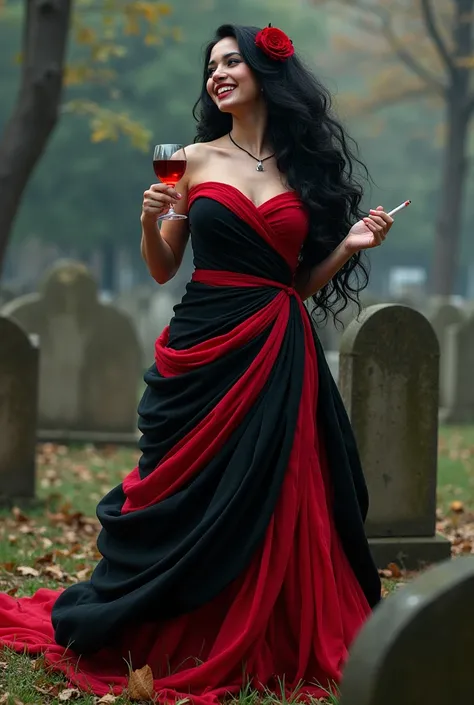  A full-bodied woman, She is very beautiful, There is a red rose on the right side in the hair, Your dress is wrapped with 7 layers,  in the sequence of black and red,  she is in the cemetery , Next to the graves, laughing, Your hair is very long and wavy,...