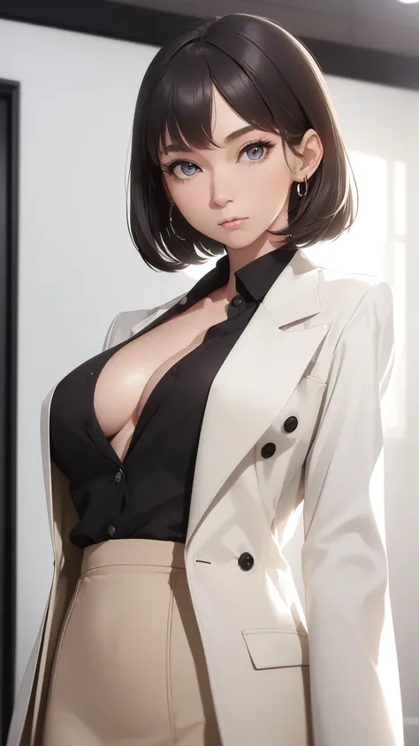 ,Woman in her 20s, beautiful face,  detailed face, beautiful eyes, detailed nose and lips, bob cut, Slender Woman, big breasts, thin waist,((Long fur coat)),  black shirt,   pencil skirt , Office casual style, ( shirts that wear white coats open on the fro...