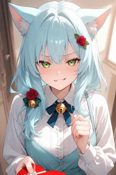 cat girl,light blue long hair,green eyes,bell hair accessory,Valentine,smirk