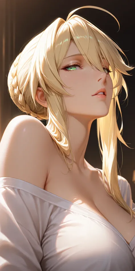 Masterpiece, very aesthetic, vibrant, high contrast, elegant mature woman, artoria pendragon (lancer) (fate), upper body, curvaceous, off shoulder shirt, seductive, low angle, parted lips, soft light, best quality, semrealistic, honkai: star rail cg style