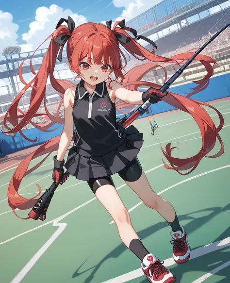 , 100-layer, excellent,(best quality), (very aesthetic),(ultra-detailed), (best illustration), ((black half gloves)) ,mashiko_kaoru (toji_no_miko ) ((long straight twin tails)),red hair,,, black ribbon in hair ,class room,()),((( Black sleeveless shirt Bla...