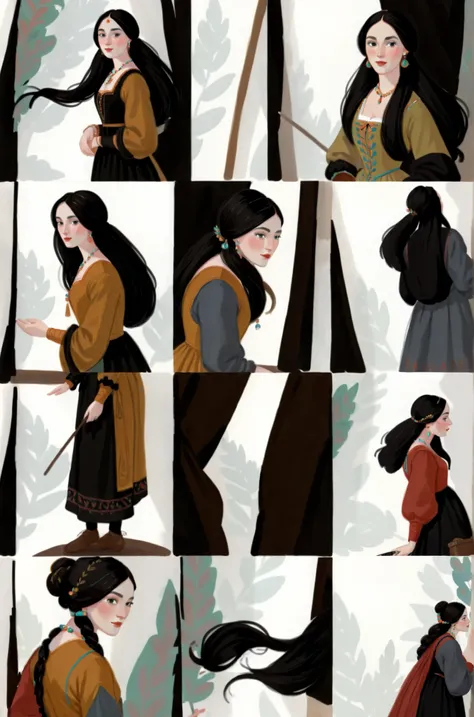 score_9, score_8_up, score_7_up, score_6_up, score_5_up, score_4_up, 1_woman, brow hair, long_hair, wearing a vibrant long peasant medieval dress, detailed clothing, sketches, detailed thick gouache painting, illustration, in gougoupaintleaves style:1.5, h...