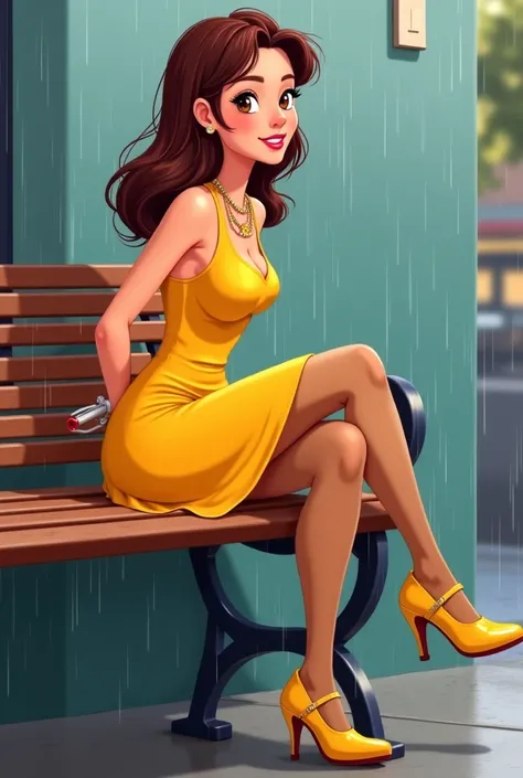 Tip: A very lovely  beautiful Asian American woman being happy alone on a bench in Downtown San Diego in the rain.. The illustration is a high definition illustration with 4k resolution., with highly detailed facial features and cartoon style visuals, yell...