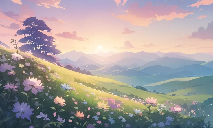 A breathtaking anime-style landscape with vibrant, colorful flowers in the foreground, their delicate petals detailed and softly illuminated by warm sunlight. Behind the flowers, a vast, evenly spread green meadow stretches into the distance, creating a se...