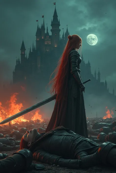 This picture includes a war background, dead soldiers and a huge castle at night. On top of the bodies are a girl with long red hair and green eyes wearing a warsuit carrying a long sword. The lighting is medium, but there is a night and war atmosphere whe...