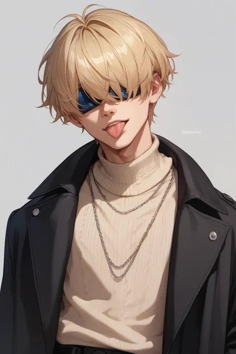 1 solo boy, medium blonde hair, bangs over eyes, blue eyes, tongue out, beige sweater, black coat, black pants, simple background 