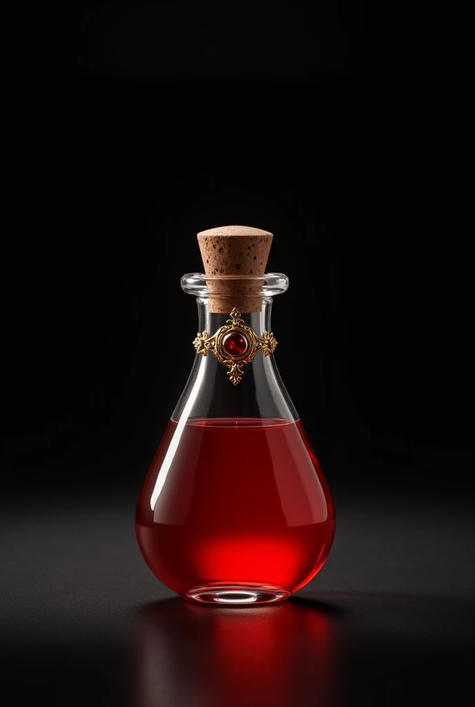 Potion, small bottle with red liquid inside,  black background . El frasco es de cristal y tiene small and simple gold ornaments , small and simple gold ornaments . 