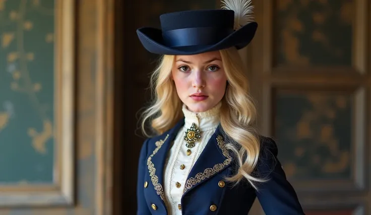 he lives in England in the year 1909, she is a lady, she is fiteen years old. from a wealthy family, she is so beautiful, light blonde with a very long wavy hair, The outfit consists of: Tailored Navy Blue Riding Jacket: A fitted, short riding jacket with ...