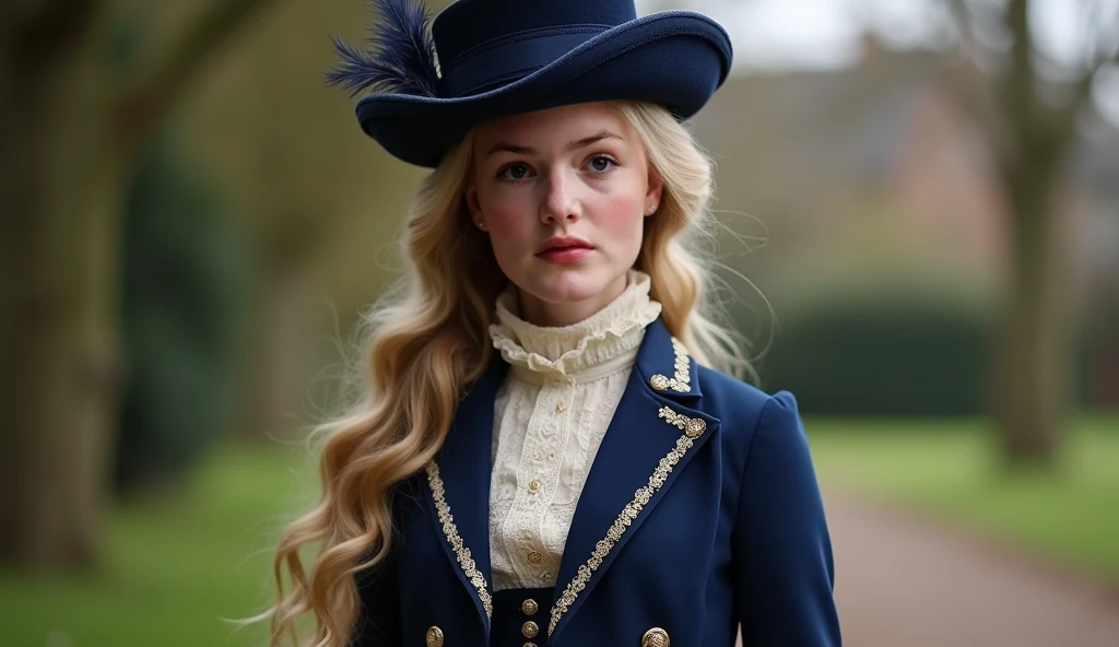 he lives in England in the year 1909, she is a lady, she is fiteen years old. from a wealthy family, she is so beautiful, light blonde with a very long wavy hair, The outfit consists of: Tailored Navy Blue Riding Jacket: A fitted, short riding jacket with ...