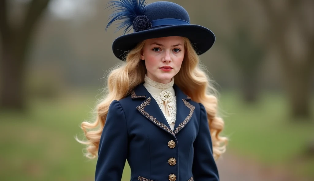 he lives in England in the year 1909, she is a lady, she is fiteen years old. from a wealthy family, she is so beautiful, light blonde with a very long wavy hair, The outfit consists of: Tailored Navy Blue Riding Jacket: A fitted, short riding jacket with ...