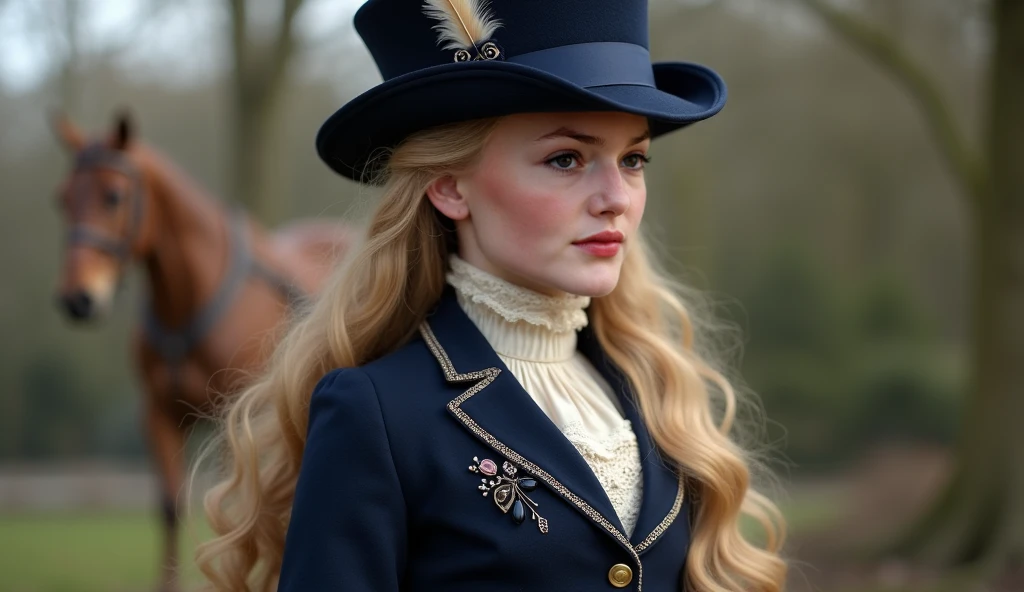 he lives in England in the year 1909, she is a lady, she is fiteen years old. from a wealthy family, she is so beautiful, light blonde with a very long wavy hair, The outfit consists of: Tailored Navy Blue Riding Jacket: A fitted, short riding jacket with ...