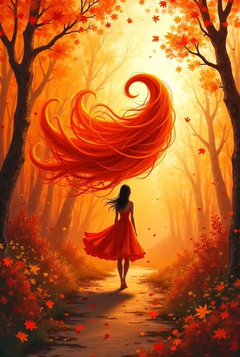 an autumn painting with all shades of orange in waves forming curls of hair, brushstrokes in watercolor style 