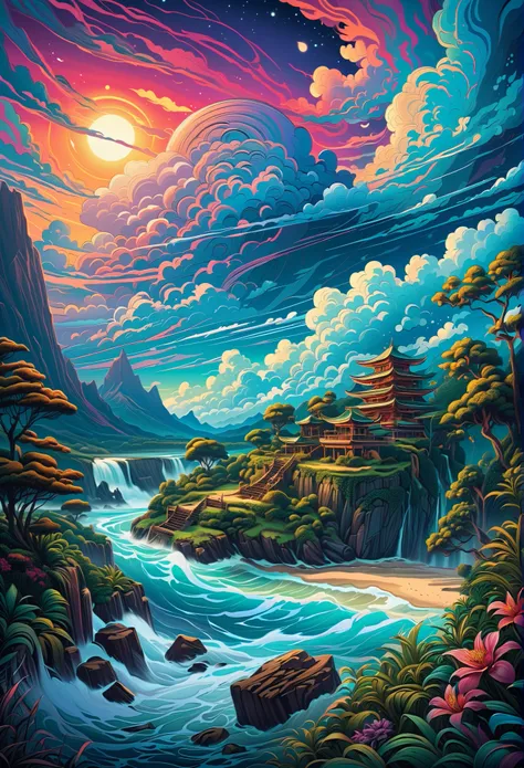 Jupiter Illustrations &#39; Dan Mumford Clouds ,  Exotic Scenery and Vegetation,   epic scene, Lots of Swirling Clouds , High exposure,  very well detailed,  by Nomi, Bright Bluish Colors , 