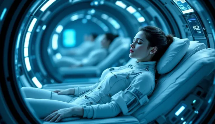  Close-up of a hibernating capsule cryogenic action inside a futuristic spaceship.  The capsule has a cylindrical translucent glass design with an advanced metal frame ,  emitting a soft blue glow . inside,  a young and beautiful woman rests in suspended a...