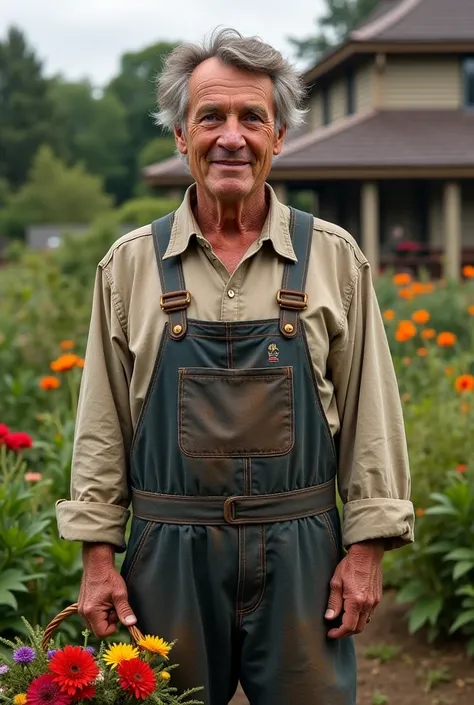 Create the realistic image of an older man, with brown hair with gray hair and blue eyes and a white complexion with a dirty jumpsuit with dirt,  how many gardens and a basket with flowers, behind him a house with a garden. 