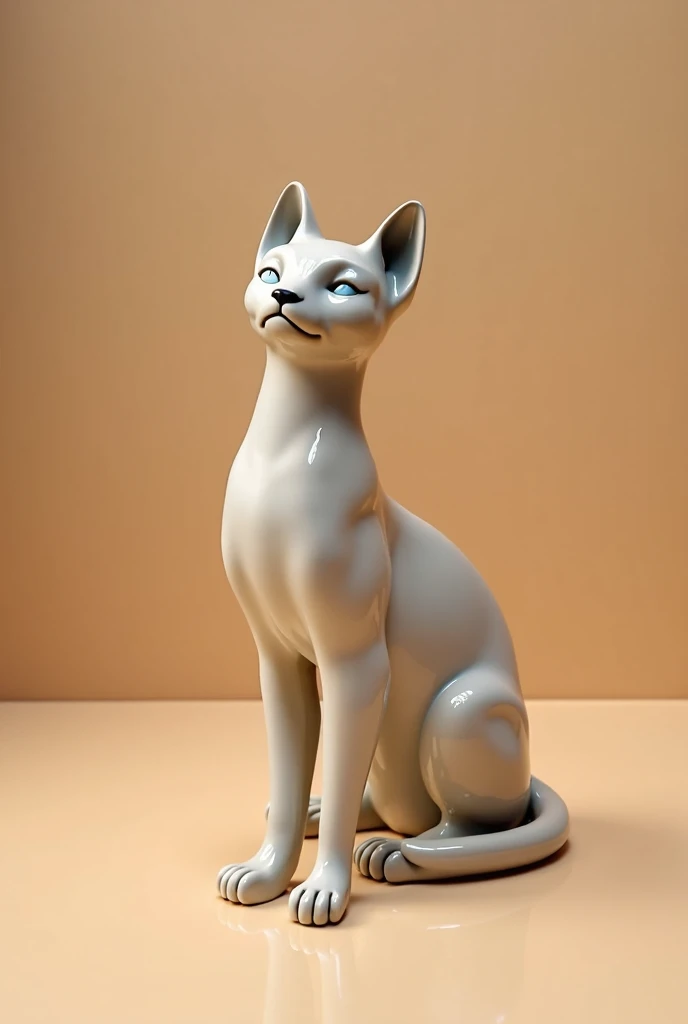 A ceramic Siamese cat with golden touches sitting on a pine wood floor,  counterposed plane 